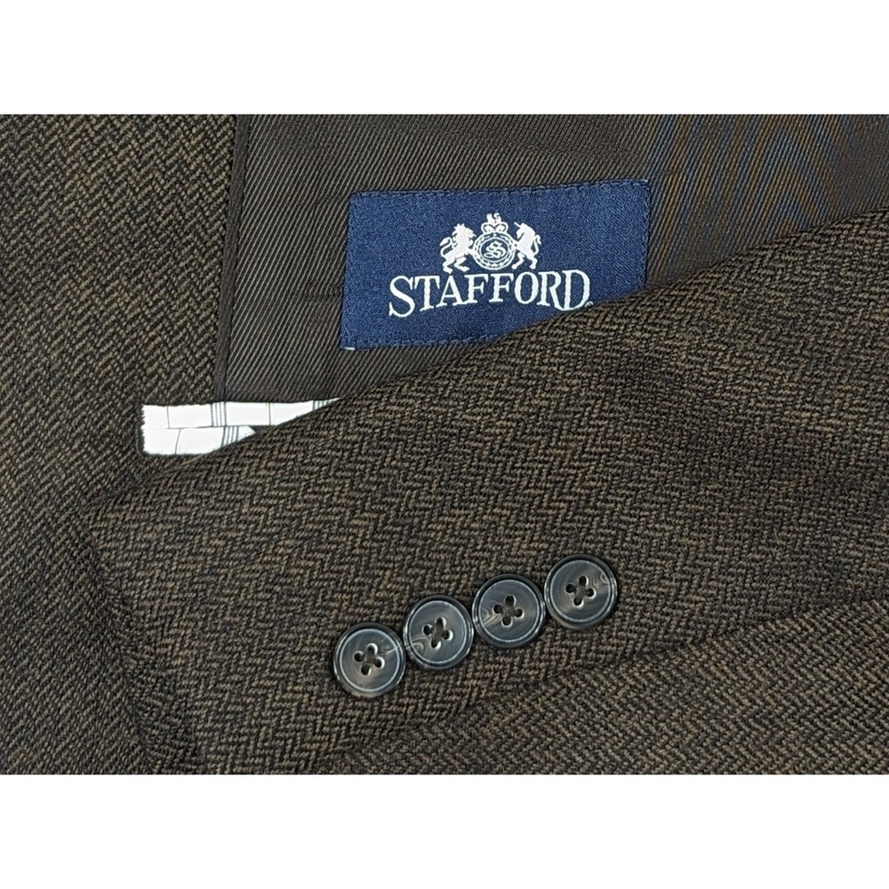 Stafford Mens Blazer Sport Coat 3 Button Jacket‎ Wool Size 44L Herringbone Brown